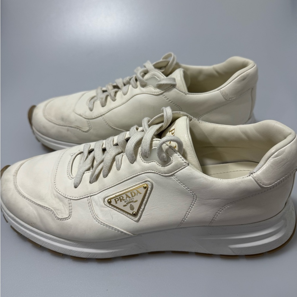 Prada Triangle-Logo Leather Sneakers White Gold Men’s Size 10 - Picture 1 of 9